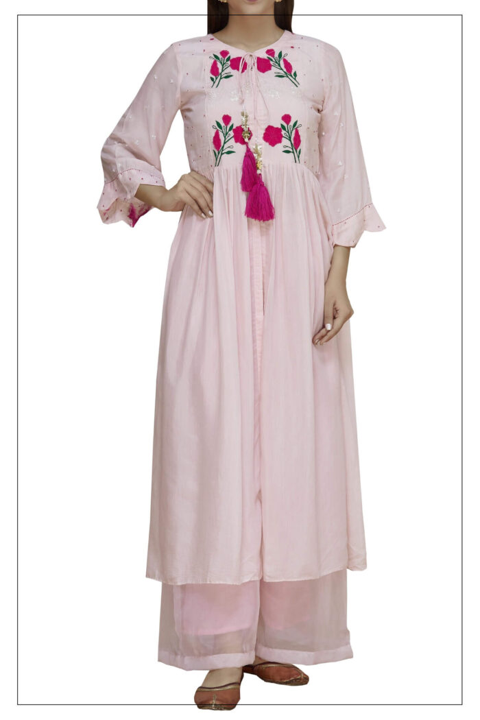 Pink Pleated Tunic With Organza Palazzo